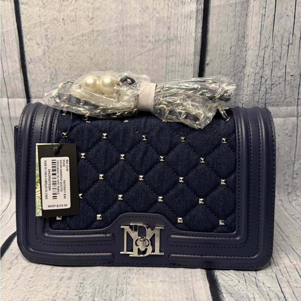 Badgley Mischka Blue Quilted Crossbody Bag with Silver Chain